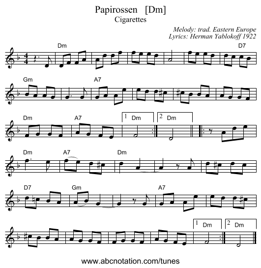 Papirossen   [Dm] - staff notation