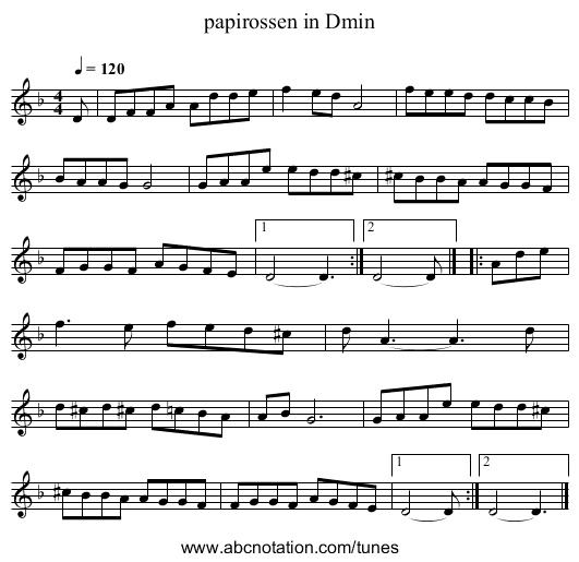papirossen in Dmin - staff notation