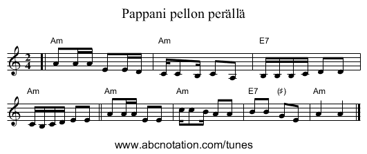 Pappani pellon per&auml;ll&auml; - staff notation