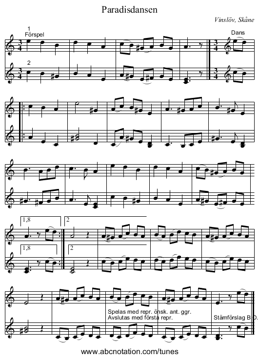 Paradisdansen - staff notation