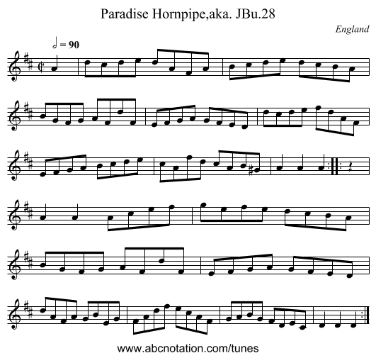 Paradise Hornpipe,aka. JBu.28 - staff notation