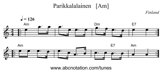 Parikkalalainen   [Am] - staff notation