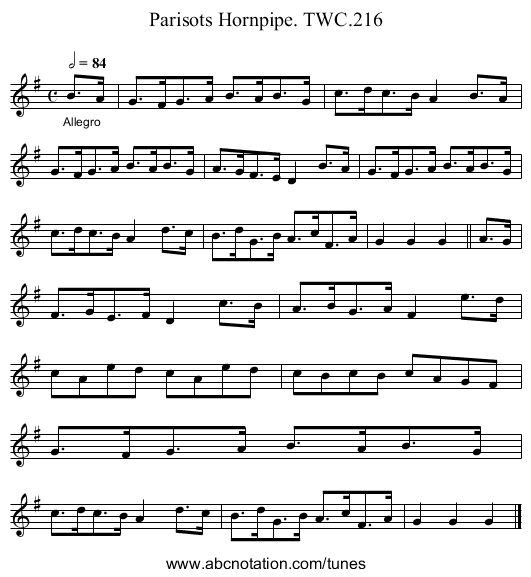 Parisots Hornpipe. TWC.216 - staff notation