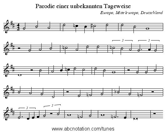 Parodie einer unbekannten Tageweise - staff notation
