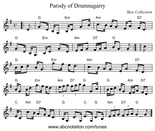Parody of Drumnagarry - staff notation