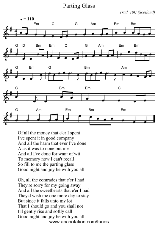 Parting Glass - staff notation