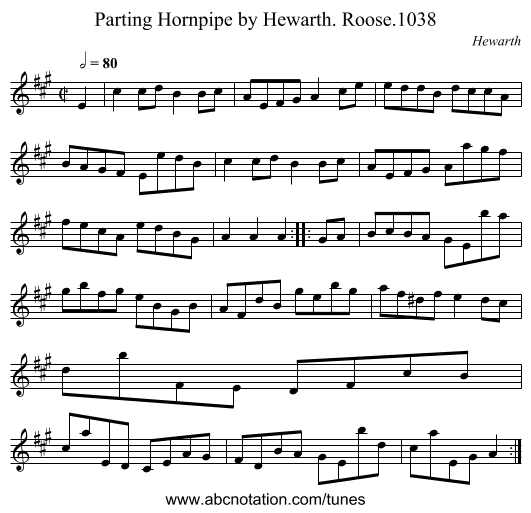 Parting Hornpipe by Hewarth. Roose.1038 - staff notation