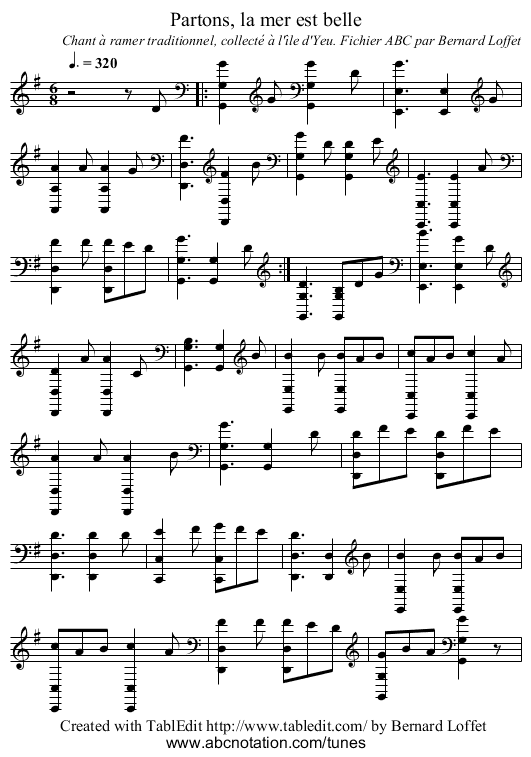 Partons, la mer est belle - staff notation