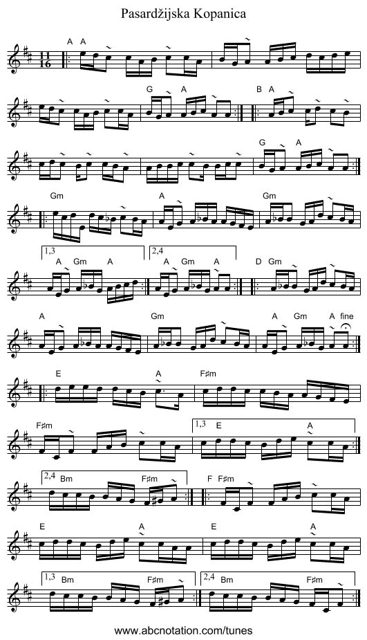 Pasard&zcaron;ijska Kopanica - staff notation