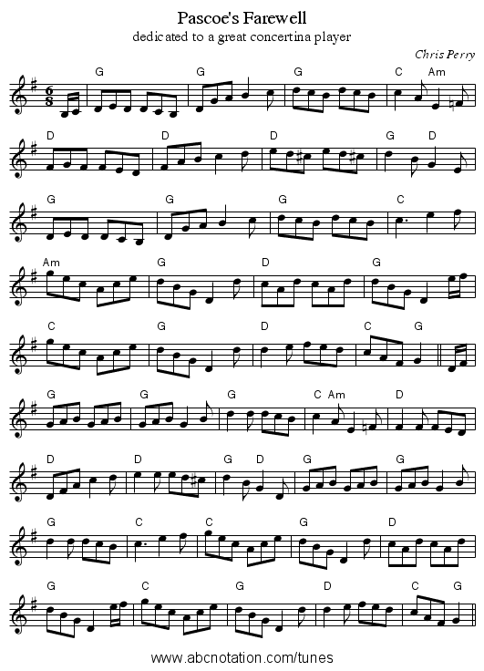 Pascoe's Farewell - staff notation