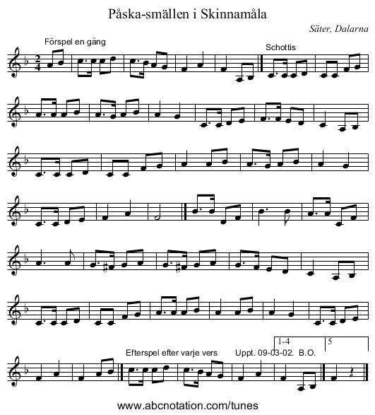 Påska-smällen i Skinnamåla - staff notation