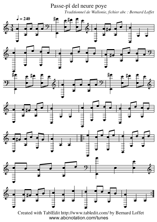 Passe-pî del neure poye - staff notation