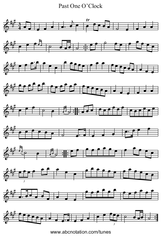 Past One O’Clock - staff notation