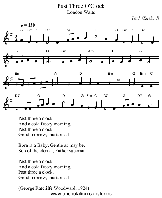 Past Three O'Clock - staff notation