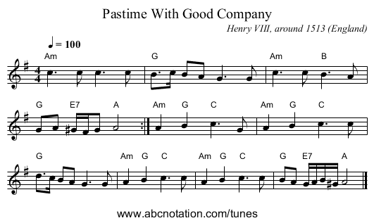 Pastime With Good Company - staff notation