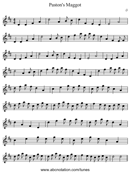 Paston's Maggot - staff notation