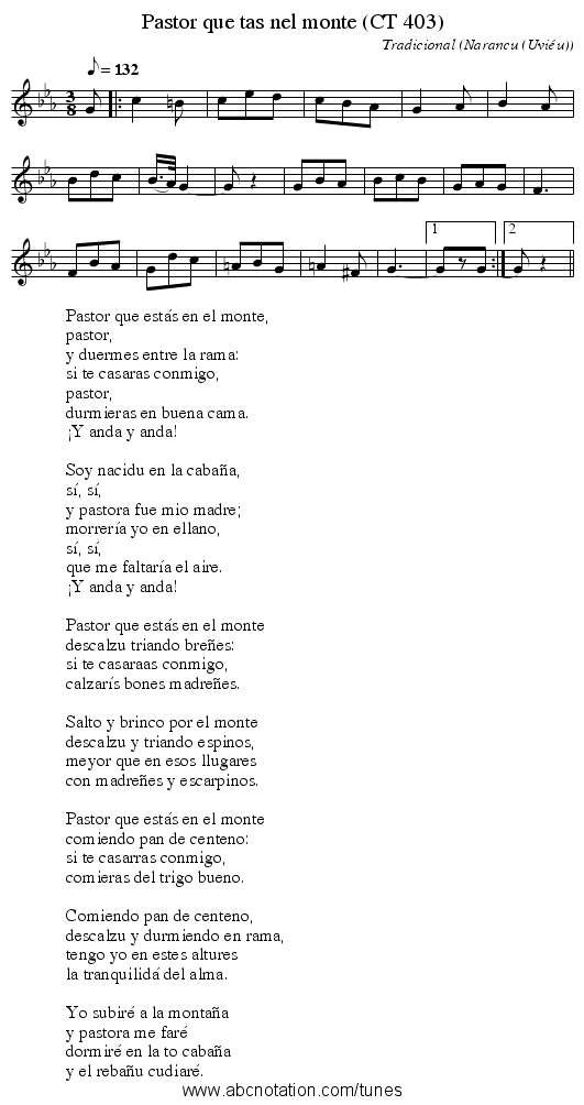 Pastor que tas nel monte (CT 403) - staff notation
