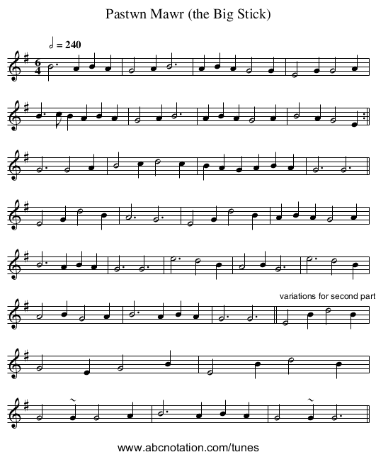Pastwn Mawr (the Big Stick) - staff notation