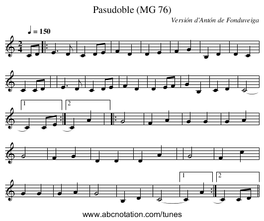 Pasudoble (MG 76) - staff notation