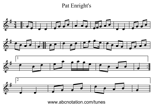 Pat Enright's - staff notation