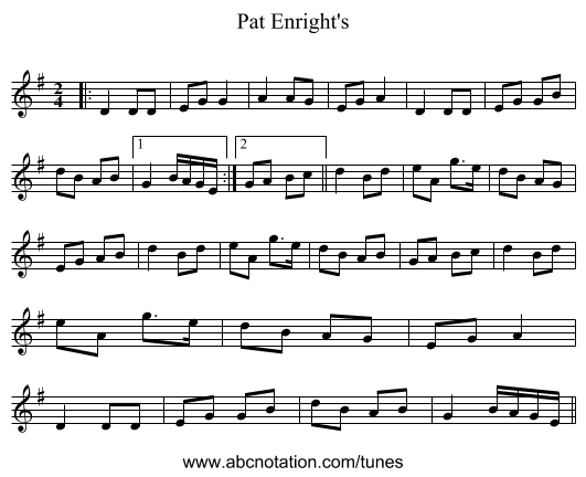 Pat Enright's - staff notation