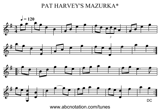 PAT HARVEY'S MAZURKA* - staff notation