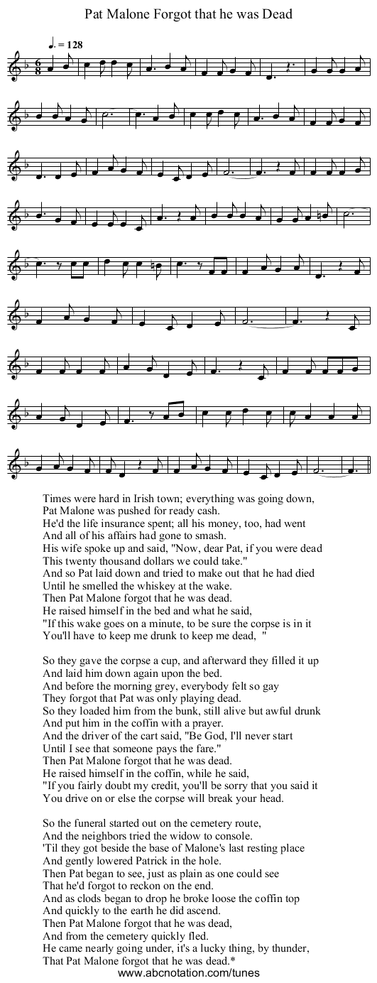 Pat Malone Forgot that he was Dead - staff notation
