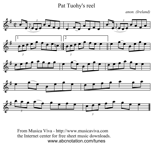 Pat Tuohy's reel - staff notation