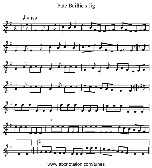 Pate Baillie's Jig - staff notation