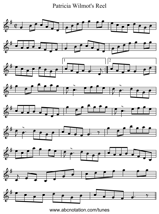 Patricia Wilmot's Reel - staff notation