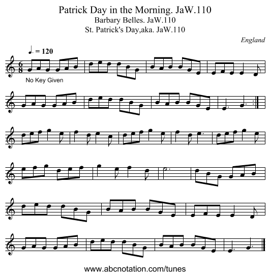 Patrick Day in the Morning. JaW.110 - staff notation