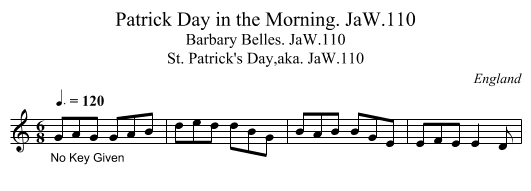 Patrick Day in the Morning. JaW.110 - staff notation