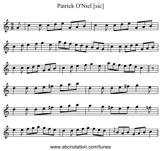 Patrick O'Niel [sic] - staff notation