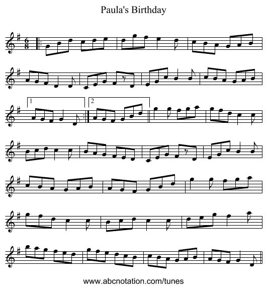 Paula's Birthday - staff notation
