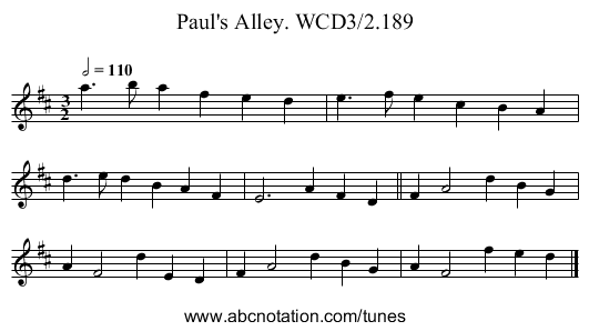 Paul's Alley. WCD3/2.189 - staff notation