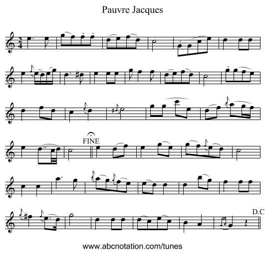 Pauvre Jacques - staff notation
