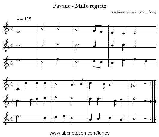 Pavane - Mille regretz - staff notation