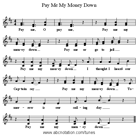 Pay Me My Money Down - staff notation