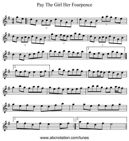 Pay The Girl Her Fourpence - staff notation