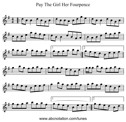 Pay The Girl Her Fourpence - staff notation
