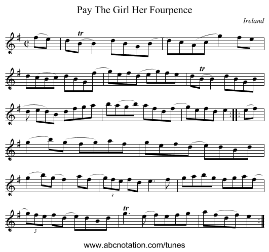 Pay The Girl Her Fourpence - staff notation