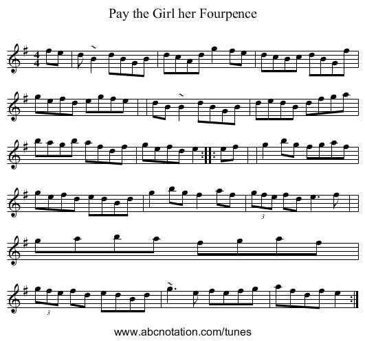 Pay the Girl her Fourpence - staff notation