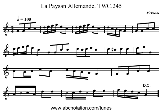 Paysan Allemande. TWC.245, La - staff notation