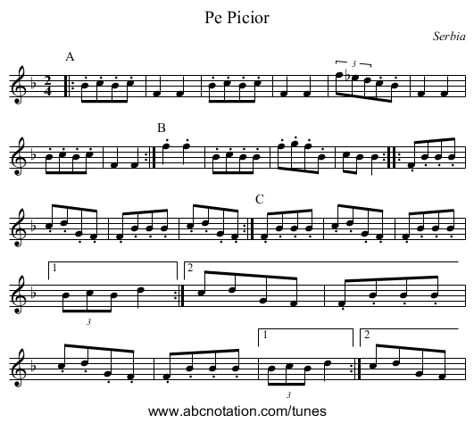 Pe Picior - staff notation