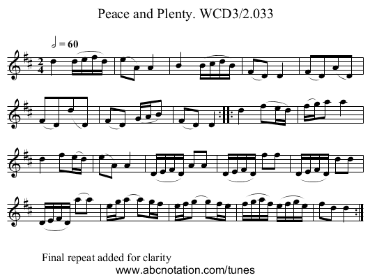 Peace and Plenty. WCD3/2.033 - staff notation