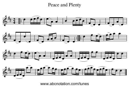 Peace and Plenty - staff notation