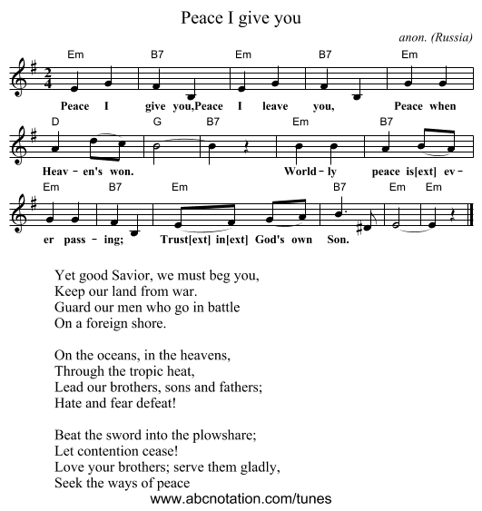 Peace I give you - staff notation