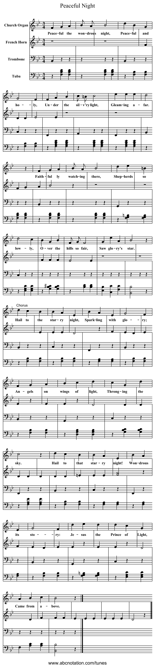 Peaceful Night - staff notation
