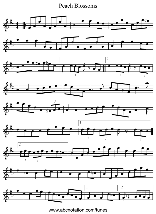 Peach Blossoms - staff notation