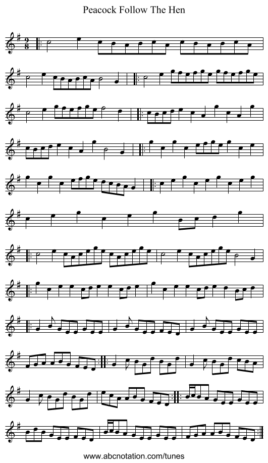 Peacock Follow The Hen - staff notation